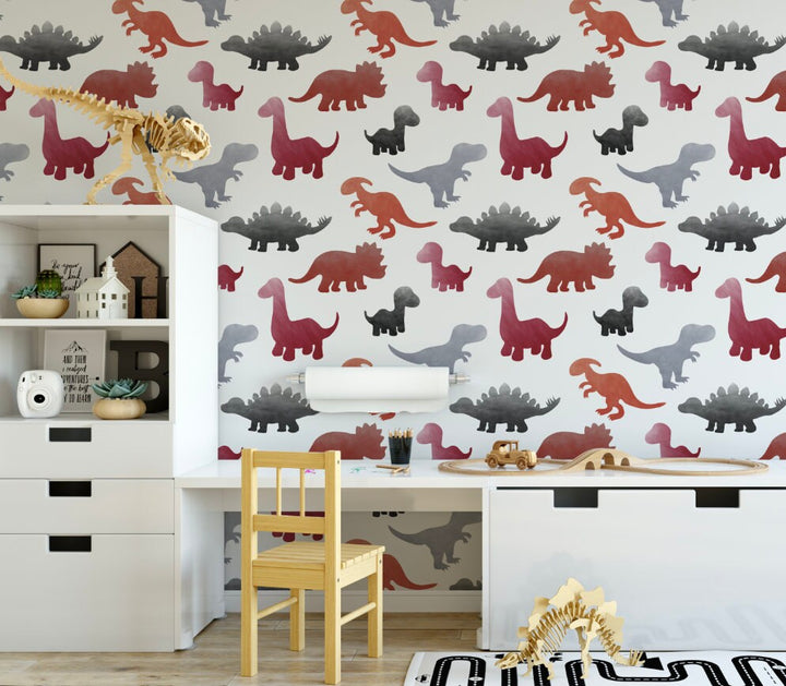 Peel and Stick Wallpaper Nursery/ Red and Gray Watercolor Dino Wallpaper/ Removable Wallpaper/ Unpasted Wallpaper/ Pre-Pasted Wallpaper