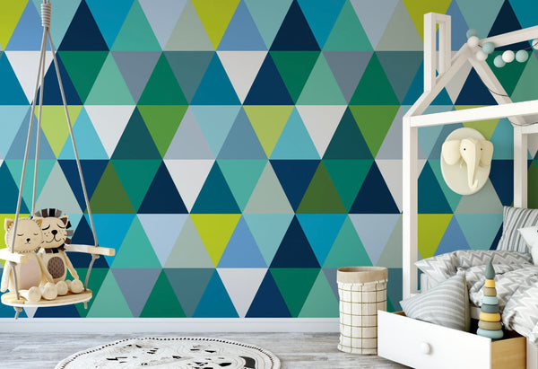 Peel and Stick Wallpaper Blue Triangles/ Blue Modern Triangles Wallpaper/ Removable Wallpaper/ Unpasted Wallpaper // Pre-Pasted Wallpaper
