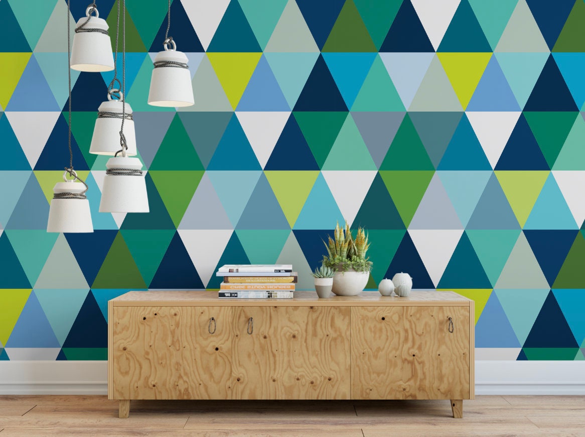 Peel and Stick Wallpaper Blue Triangles/ Blue Modern Triangles Wallpaper/ Removable Wallpaper/ Unpasted Wallpaper // Pre-Pasted Wallpaper
