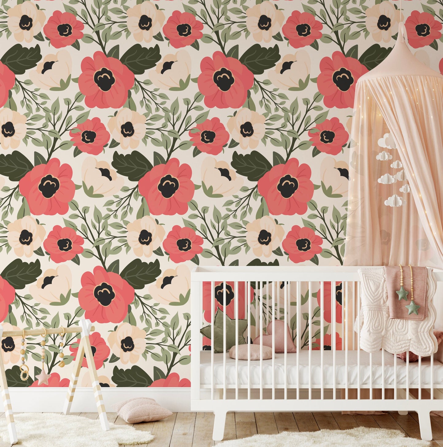 Peel and Stick Wallpaper Floral/ Coral and Cream Floral Wallpaper/ Removable Wallpaper/ Unpasted Wallpaper/ Pre-Pasted Wallpaper WW1713