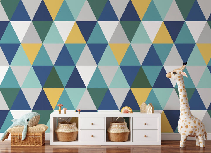 Peel and Stick Wallpaper Blue Triangle /Mustard, Blue & Teal Triangles Wallpaper/ Removable Wallpaper/ Unpasted Wallpaper/ Wallpaper WW2231