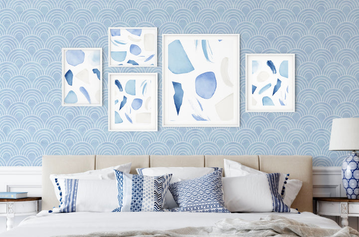 Peel and Stick Wallpaper Blue Scallops / Soft Blue Watercolor Arches Wallpaper/ Removable Wallpaper/ Unpasted Wallpaper/ Wallpaper WW2247