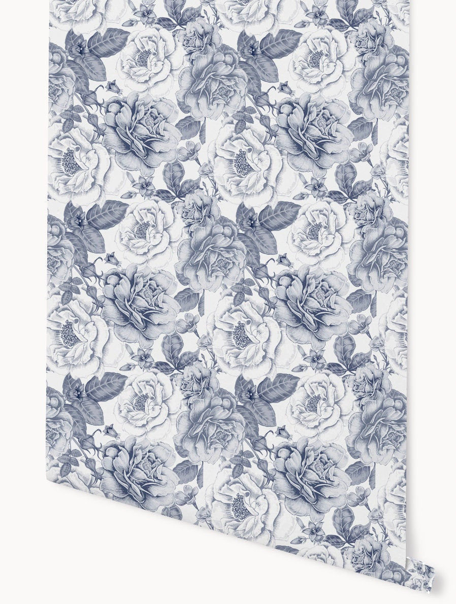 Blue Wallpaper Floral/ Vintage Blue Roses Wallpaper/ Removable Wallpaper/ Unpasted/ Pre-Pasted WW2265